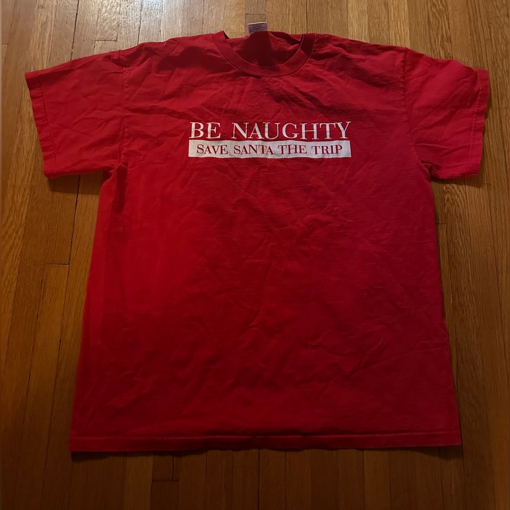 Be Naughty Funny Heavyweight Christmas Cotton T-Shirt, Size L